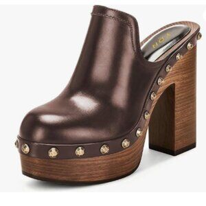 YDN Saddle Brown Studded Mules Wooden Platform High Block Heel Slip On Shoes
